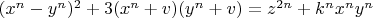 $(x^n-y^n)^2+3 (x^n+v)(y^n+v)=z^{2 n}+k^n x^n y^n$