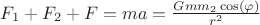 $F_1 + F_2 + F = m a = \frac{G m m_2 \cos(\varphi)}{r^2}$ $F_1 + F_2 + F = m a = \frac{G m m_2 \cos(\varphi)}{r^2}$