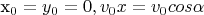 x_0 = y_0 = 0, v_0x = v_0cos\alpha