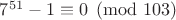 $7^{51} - 1 \equiv 0 \pmod{103}$