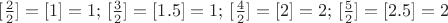 $[\frac22]=[1]=1;\,[\frac32]=[1.5]=1; \,[\frac42]=[2]=2;\,[\frac52]=[2.5]=2$