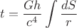 $$t=\frac{Gh}{c^4} \int \frac{dS}{r}$$