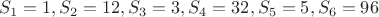 $$
S_1 = 1, S_2 = 12, S_3 = 3, S_4 = 32, S_5 = 5, S_6 = 96
$$