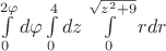 $\int\limits_{0}^{2\varphi}d\varphi\int\limits_{0}^{4}dz\int\limits_{0}^{\sqrt{z^2+9}}rdr$