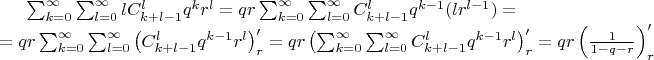 $\sum^{\infty}_{k=0}\sum^{\infty}_{l=0} lC_{k+l-1}^l q^k r^l = qr \sum^{\infty}_{k=0}\sum^{\infty}_{l=0} C_{k+l-1}^l q^{k-1}(l r^{l-1}) = \\ = qr \sum^{\infty}_{k=0}\sum^{\infty}_{l=0}\left(  C_{k+l-1}^l q^{k-1}r^l \right)'_r 
= qr \left( \sum^{\infty}_{k=0}\sum^{\infty}_{l=0} C_{k+l-1}^l q^{k-1}r^l \right)'_r =  qr\left(\frac {1}{1-q-r} \right)'_r $