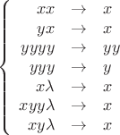 $$\left\{
\begin{array}{rcl}
 xx & \to &x  \\
 yx & \to &x  \\
 yyyy& \to & yy \\
 yyy& \to & y \\
 x \lambda& \to & x \\
xyy \lambda& \to & x \\
xy \lambda & \to & x \\
\end{array}
\right.$$