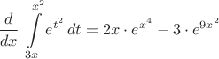 $$\dfrac{d}{dx}\,\,\int\limits_{3x}^{x^2} e^{ t^2}\,dt=2x\cdot e^{x^4}-3\cdot e^{9x^2}$$