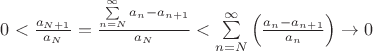 $0<\frac{a_{N+1}}{a_N}=\frac{\sum\limits_{n=N}^{\infty}a_n-a_{n+1}}{a_N} < \sum\limits_{n=N}^{\infty}\left(\frac{a_n-a_{n+1}}{a_n}\right)\to 0$