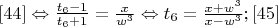 $[44]\Leftrightarrow \frac{t_6-1}{t_6+1}=\frac{x}{w^3}\Leftrightarrow t_6=\frac{x+w^3}{x-w^3}; \eqno[45]$