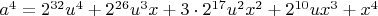$a^4=2^{32}u^4+2^{26}u^3x+3\cdot 2^{17}u^2x^2+2^{10}ux^3+x^4$