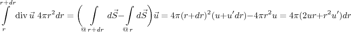 $$\int\limits_{r}^{r+dr}\operatorname{div}\vec{u}\,\,4\pi r^2dr=\biggl(\int\limits_{@\,r+dr}d\vec{S}-\int\limits_{@\,r}d\vec{S}\biggr)\vec{u}=4\pi(r+dr)^2(u+u'dr)-4\pi r^2u=4\pi(2ur+r^2u')dr$$