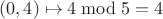 $(0,4)\mapsto 4\bmod 5=4$