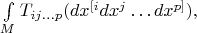 $\int\limits_{M} T_{ij\ldots p}(dx^{[i}dx^{j}\ldots dx^{p]}),$