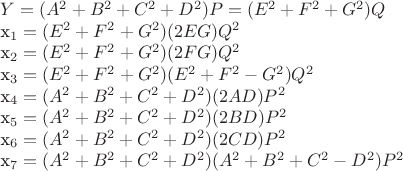 $Y = (A^2 + B^2 + C^2+D^2)P = (E^2 + F^2 + G^2)Q

x_1 = (E^2 + F^2 + G^2)(2EG)Q^2

x_2 = (E^2 + F^2 + G^2)(2FG)Q^2

x_3 = (E^2 + F^2 + G^2)(E^2 + F^2 - G^2)Q^2

x_4 = (A^2 + B^2 + C^2+D^2)(2AD)P^2

x_5 = (A^2 + B^2 + C^2+D^2)(2BD)P^2

x_6 = (A^2 + B^2 + C^2+D^2)(2CD)P^2

x_7 = (A^2 + B^2 + C^2+D^2)(A^2 + B^2 + C^2 - D^2)P^2$