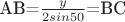 AB=$\frac{y} {2sin{50}}$=BC