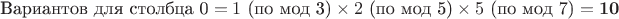 $$\text{Вариантов для столбца 0} = 1 \text{ (по мод 3)} \times 2 \text{ (по мод 5)} \times 5 \text{ (по мод 7)} = \mathbf{10}$$