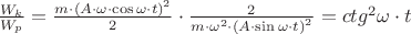 $\frac{W_{k}}{W_{p}} = \frac{m \cdot \left(A \cdot \omega \cdot \cos \omega \cdot t \right)^{2}}{2} \cdot \frac{2}{m \cdot \omega^{2} \cdot \left(A \cdot \sin \omega \cdot t \right)^{2}} = ctg^{2} \omega \cdot t$