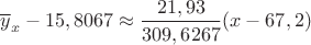 $\overline y_x - 15,8067\approx \dfrac{ 21,93}{309,6267}(x-67,2)$