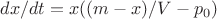 $dx/dt = x((m-x)/V -p_0)$