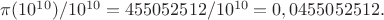 $\pi(10^{10}) /10^{10}=455052512/10^{10}=0,0455052512.$