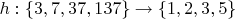 $h: \{ 3,7,37,137 \} \to \{ 1,2,3,5 \}$