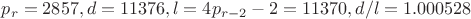$p_r=2857, d=11376, l=4p_{r-2}-2=11370, d/l=1.000528$