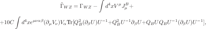 $$
\tilde \Gamma_{WZ} = \Gamma_{WZ} - \int d^{4}xV^{\mu}J^{B}_{\mu} +
$$
$$
+10C\int d^{4}x \epsilon^{\mu \nu \alpha \beta}(\partial_{\mu}V_{\nu})V_{\alpha}\text{Tr}[Q_{B}^{2}(\partial_{\beta}U)U^{-1} + Q_{B}^{2}U^{-1}\partial_{\beta}U + Q_{B}UQ_{B}U^{-1}(\partial_{\beta}U)U^{-1}],
$$