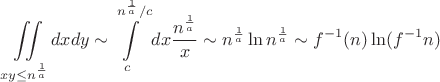$$\iint\limits_{xy \leq n^{\frac{1}{a}}}dxdy \sim \int\limits_{c}^{n^{\frac{1}{a}}/c}dx \frac{n^{\frac{1}{a}}}{x} \sim n^{\frac{1}{a}} \ln n^{\frac{1}{a}} \sim f^{-1}(n) \ln (f^{-1}n)$$