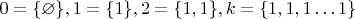 $0= \{ \varnothing \}, 1= \{ 1 \}, 2= \{ 1, 1 \}, k = \{ 1, 1, 1&hellip; 1 \}$