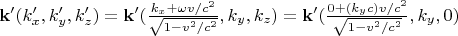 $\mathbf{k'} (k_x', k_y' , k_z') = \mathbf {k'} (\frac{k_x+\omega v/c^2}{\sqrt{1-v^2/c^2}} , k_y , k_z) = \mathbf {k'} (\frac{0+(k_y c) v/c^2}{\sqrt{1-v^2/c^2}} , k_y , 0) $