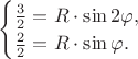 $\begin{cases}{3\over2}=R\cdot\sin2\varphi, \\ {2\over2}=R\cdot\sin\varphi.\end{cases}$