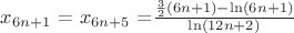 $x_\[6n+1\ $= $ x_\[6n+5\ $=$ \frac{\frac{3}{2} (6n+1) - \ln (6n+1)}{\ln (12n+2)}$