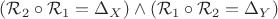 $ (\mathcal{R}_2\circ \mathcal{R}_1 = \Delta _X)\wedge ( \mathcal{R}_1\circ \mathcal{R}_2 = \Delta _Y)
$