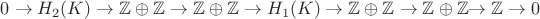$0\to H_2(K)\to \mathbb{Z}\oplus \mathbb{Z}\to \mathbb{Z}\oplus \mathbb{Z}\to H_1(K)\to \mathbb{Z}\oplus \mathbb{Z}\to \mathbb{Z}\oplus \mathbb{Z} $\to \mathbb{Z} \to 0$