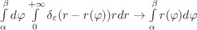 $\int\limits_\alpha^\beta d\varphi \int\limits_0^{+\infty} \delta_\varepsilon(r-r(\varphi)) r dr\to \int\limits_\alpha^\beta r(\varphi) d\varphi$