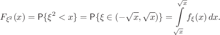 $$
F_{\xi^2}(x) = \mathsf P\{\xi^2 < x\} = \mathsf P\{\xi \in (-\sqrt{x},\sqrt{x})\}  = \int\limits_{\sqrt{x}}^{\sqrt{x}} f_\xi(x)\,dx.
$$