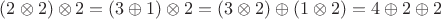 $(2\otimes 2)\otimes 2=(3\oplus 1)\otimes 2=(3\otimes 2)\oplus(1\otimes 2)=4\oplus 2\oplus 2$