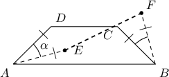 $
\begin{tikzpicture}
\begin{scope}[shift={(-2,0)}]\draw(45-30:0.8)arc(45-30:45:0.8);\draw(30:1)node{$\alpha$};\draw(45:1.5)node(a){};\draw(45-30:1.5)node(c){};\end{scope}
\begin{scope}[shift={(2,0)}]\draw(135-30:0.8)arc(135-30:135:0.8);\draw(135:1.5)node(b){};\draw(135-30:1.5)node(d){};\end{scope}
\draw(-2,0)node[below left]{$A$}--(2,0)node[below right]{$B$}--(b.center)node[below left]{$C$}node[pos=0.7,sloped]{|}--(a.center)node[above right]{$D$}--(-2,0)node[pos=0.2,sloped]{|};
\draw[dashed](-2,0)--(c.center)node[right=3.5pt]{$E$}node[pos=0.8,sloped]{|}(2,0)--(d.center)node[above right]{$F$}node[pos=0.7,sloped]{|};
\draw[dashed,thick](c.center)--(d.center);
\fill(c.center)circle(1.5pt)(d.center)circle(1.5pt);
\end{tikzpicture}
$