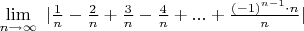 $\lim \limits_{n\to\infty}\ |\frac{1}{n}-\frac{2}{n}+\frac{3}{n}-\frac{4}{n}+...+\frac{(-1)^{n-1}\cdot n}{n}|$