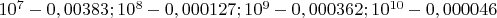 $10^7-0,00383;10^8-0,000127;10^9-0,000362;10^{10}-0,000046$