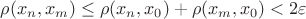 $\rho(x_n,x_m)\leq\rho(x_n,x_0)+\rho(x_m,x_0)<2\varepsilon$