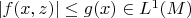 $|f(x,z)|\le g(x)\in L^1(M)$