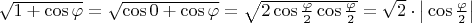 $\sqrt{1+\cos\varphi}=\sqrt{\cos 0+\cos\varphi}=\sqrt{2\cos\frac{\varphi}2\cos\frac{\varphi}2}=\sqrt{2}\cdot \big|\cos\frac{\varphi}2\big|$