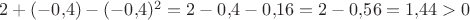 $2+(-0{,}4)-(-0{,}4)^2=2-0{,}4-0{,}16=2-0{,}56=1{,}44>0$