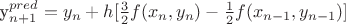 y^{pred}_{n+1} = y_n + h [\frac{3}{2} f( x_n, y_n ) - \frac{1}{2} f( x_{n-1}, y_{n-1} ) ]