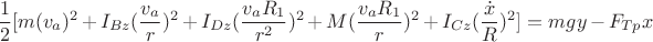 $\dfrac{1}{2}[m(v_a)^2+I_{Bz}(\dfrac{v_a}{r})^2+I_{Dz}(\dfrac{v_aR_1}{r^2})^2+M(\dfrac{v_aR_1}{r})^2+I_{Cz}(\dfrac{\dot{x}}{R})^2]=mgy-F_{Tp}x 
$