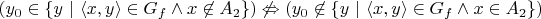 $(y_0 \in \{ y \ | \ \langle x,y \rangle \in G_f \land x \not\in A_2 \}) \not\Leftrightarrow (y_0 \not\in \{ y \ | \ \langle x,y \rangle \in G_f \land x \in A_2 \})$