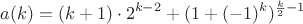 $$a(k)= (k+1)\cdot2^{k-2} + (1+(-1)^k)^{\frac{k}2-1}$$