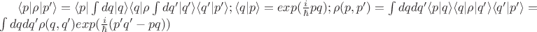 $\langle p|\rho|p'\rangle=\langle p|\int dq|q\rangle\langle q|\rho\int dq'|q'\rangle\langle q'|p'\rangle; \langle q|p\rangle=exp(\frac i \hbar pq); \rho(p,p')=\int dqdq' \langle p|q\rangle\langle q|\rho|q'\rangle \langle q'|p'\rangle=\int dqdq'\rho(q,q')exp(\frac i \hbar(p'q'-pq))
