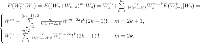 $E(W_t^m|W_s)=E((W_s+W_{t-s})^m|W_s)=W_s^m + \sum\limits_{k=1}^{m}\frac{m!}{k!(m-k)!}W_s^{m-k}E(W_{t-s}^k|W_s) = \begin{cases} W_s^m + \sum\limits_{k=1}^{(m-1)/2}\frac{m!}{k!(m-2k)!}W_s^{m-2k}t^k (2k-1)!! & m=2k+1, \\ W_s^m + \sum\limits_{k=1}^{m/2}\frac{m!}{k!(m-2k)!}W_s^{m-2k}t^k (2k-1)!!& m=2k. \end{cases}  $